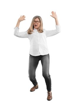 güzel kadın kıdemli el ve etkileyici. tam vücut görünümü