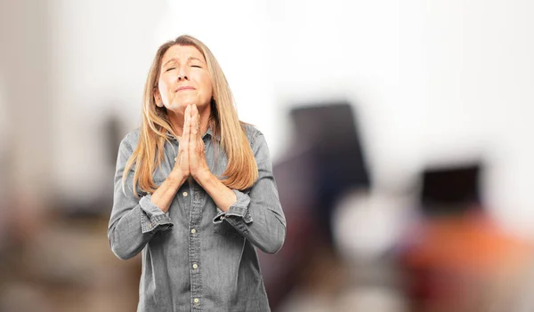 Beautiful Senior Woman Praying Saintly Manner Begging Please Wish Happen — Stock Photo, Image