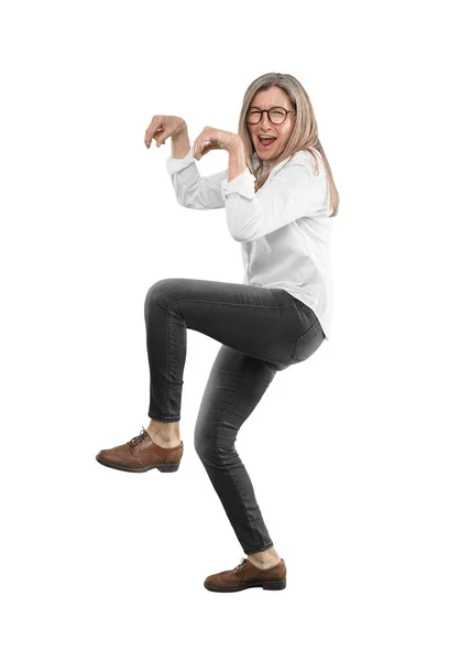 Senior Mooie Vrouw Gebaren Expressief Volledige Lichaam Weergave — Stockfoto
