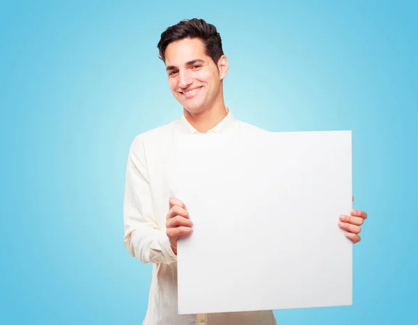 Junger Gutaussehender Braun Gebrannter Mann Mit Einem Plakat — Stockfoto