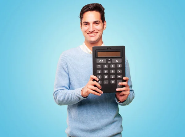 Jeune Homme Bronzé Beau Avec Une Calculatrice — Photo