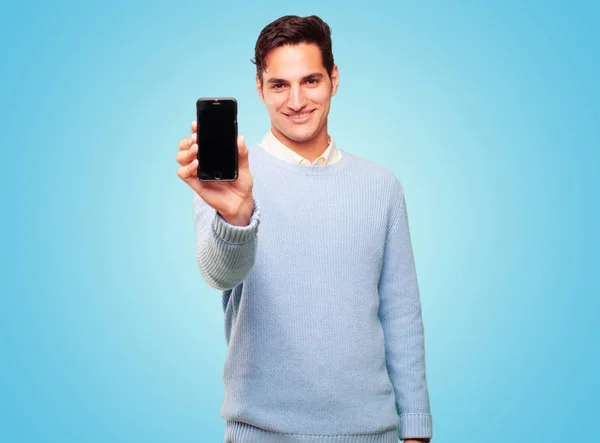 Jeune Homme Bronzé Beau Avec Téléphone Écran Tactile Intelligent — Photo