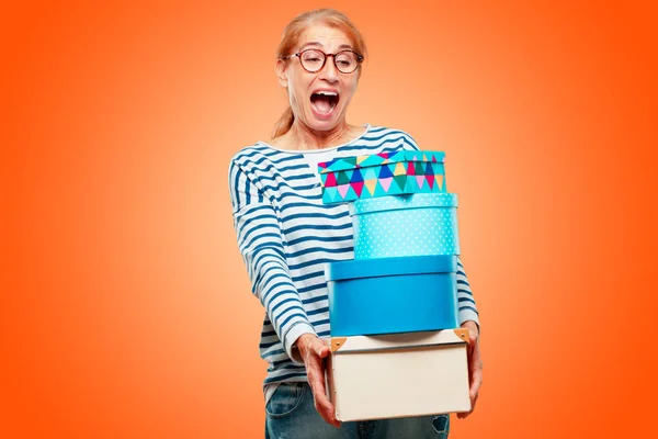Senior Beautiful Woman Gift Box Concept — Stock Photo, Image