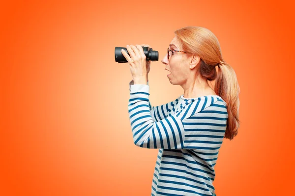 Senior Beautiful Woman Binoculars — Stock Photo, Image