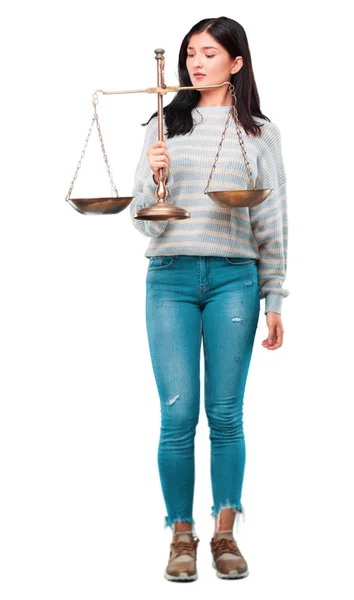 Young Pretty Woman Justice Balance Scale — Stock Photo, Image