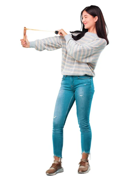 Young Pretty Woman Slingshot — Stock Photo, Image