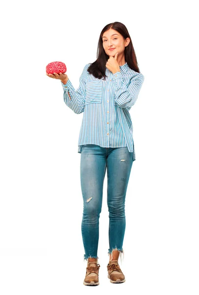 young pretty woman with a brain model