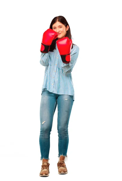 Joven Bonita Mujer Usando Guantes Boxeo —  Fotos de Stock