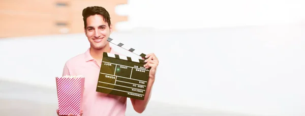 Young Handsome Tanned Man Cinema Clapper — Stock Photo, Image