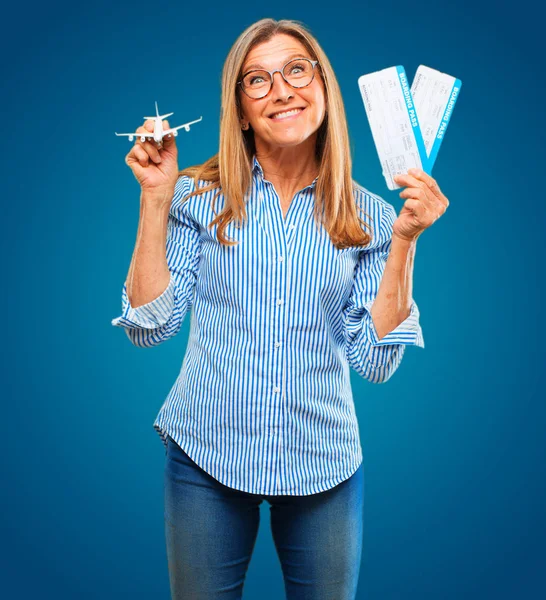 Senior Beautiful Woman Boarding Pass Tickets — Stock Photo, Image