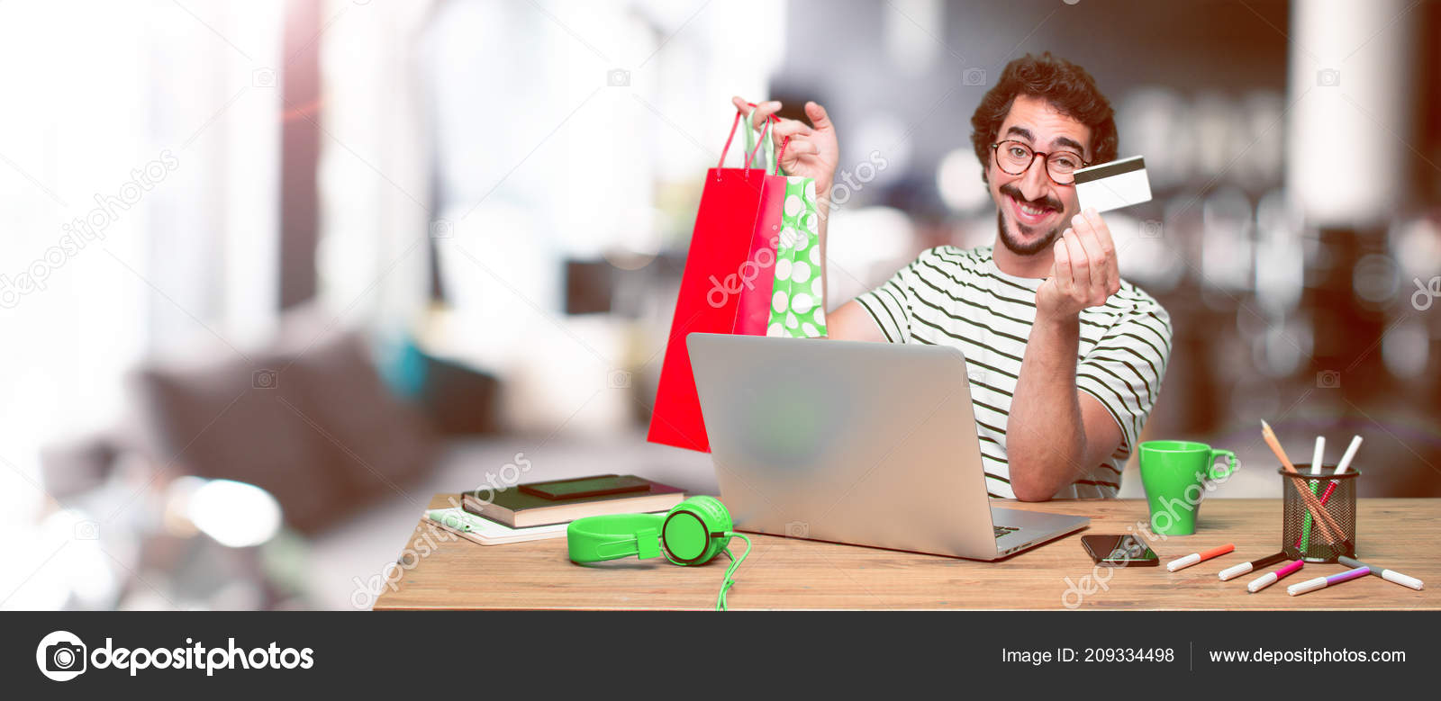 Young Crazy Graphic Designer Desk Laptop Pay Buying Money Concept