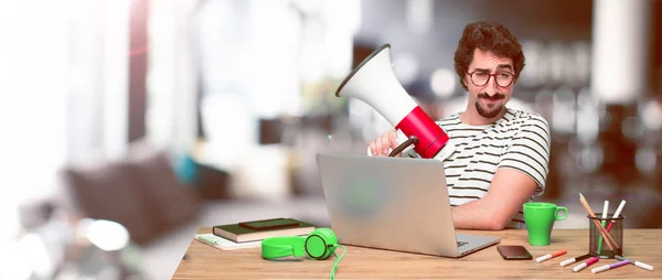 Young Crazy Graphic Designer Desk Laptop Megaphone — Stock Photo, Image