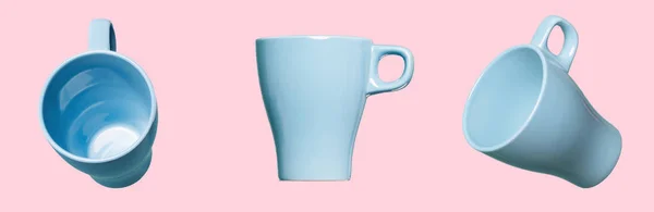 Blauwe Kopjes Voor Koffie Thee Tegen Roze Achtergrond — Stockfoto