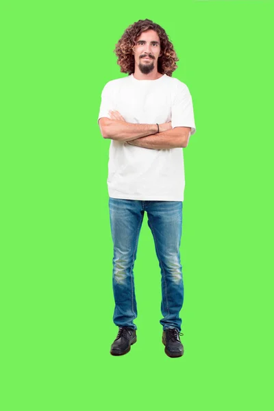 Young Bearded Man Full Body Gesturing Chroma Key Green Background — Stock Photo, Image