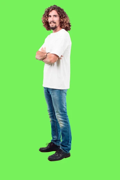 Young Bearded Man Full Body Gesturing Chroma Key Green Background — Stock Photo, Image