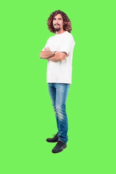 Young Bearded Man Full Body Gesturing Chroma Key Green Background — Stock Photo, Image