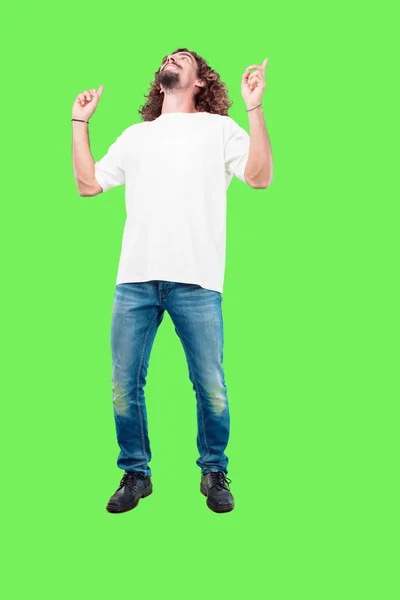 Young Bearded Man Full Body Gesturing Chroma Key Green Background — Stock Photo, Image