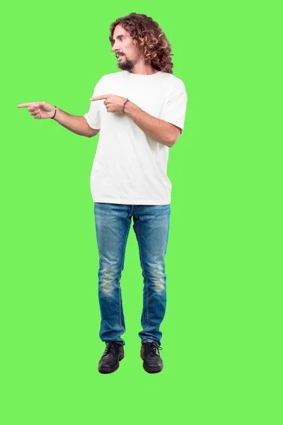 Young Bearded Man Full Body Gesturing Chroma Key Green Background — Stock Photo, Image