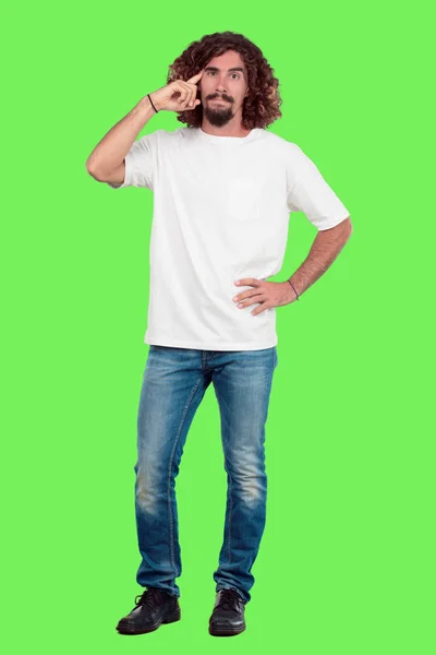 Homem Barbudo Jovem Corpo Inteiro Gesticulando Contra Croma Fundo Verde — Fotografia de Stock
