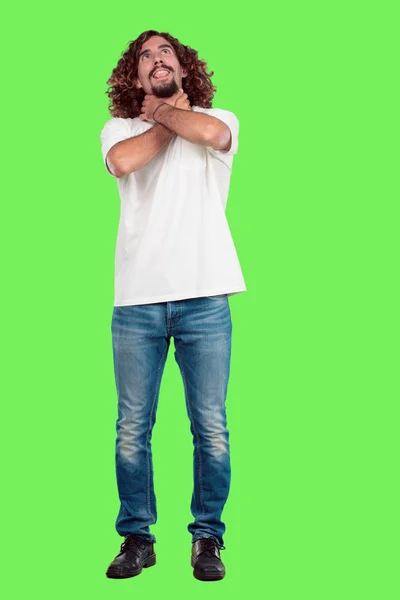 Young Bearded Man Full Body Gesturing Chroma Key Green Background — Stock Photo, Image