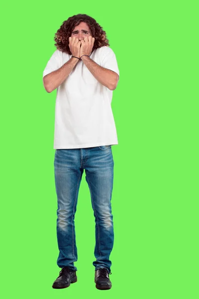 Young Bearded Man Full Body Gesturing Chroma Key Green Background — Stock Photo, Image