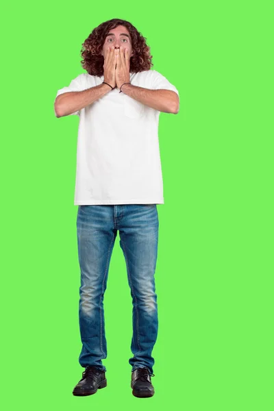 Young Bearded Man Full Body Gesturing Chroma Key Green Background — Stock Photo, Image