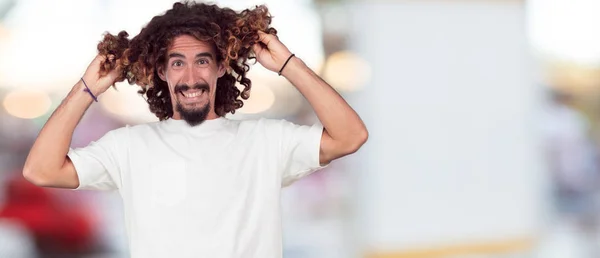 Young Hipster Man Crazy Amazed Look Surprise Holding Head Both — Stock Photo, Image