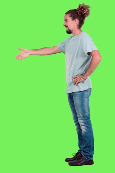 Young Bearded Man Full Body Gesturing Chroma Key Green Background — Stock Photo, Image