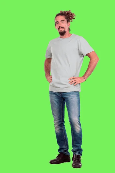 Young Bearded Man Full Body Gesturing Chroma Key Green Background — Stock Photo, Image