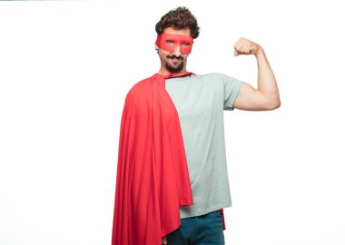 güçlü işareti ile genç deli süper kahraman adam