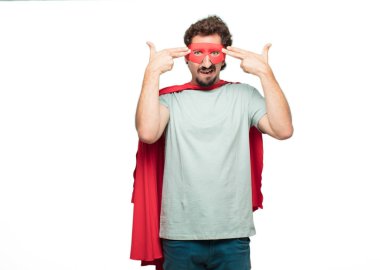 Genç deli süper kahraman adam intihar işareti ile