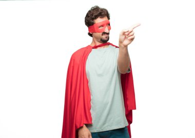 Genç deli süper kahraman adam. Ret işareti.