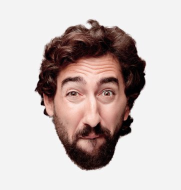 Genç deli adam izole kesme kafa ifadesiyle sakallı. Üzgün kavramı.
