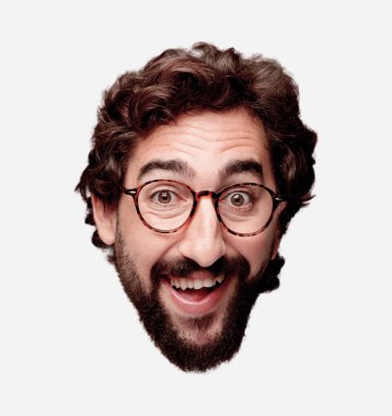 Genç çılgın sakallı adam kesme baş ifade izole ile.