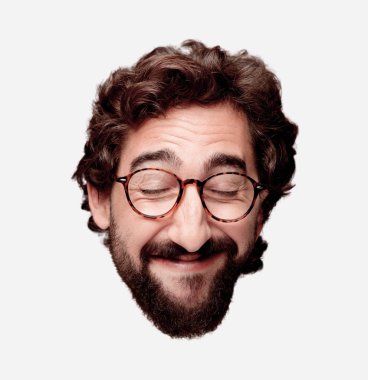 Genç deli adam kesme baş ifade izole sakallı. Hipster rol görünümü gözlüklü. Mutlu poz 