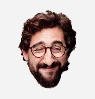 Genç deli adam kesme baş ifade izole sakallı. Hipster rol görünümü gözlüklü. Mutlu poz 