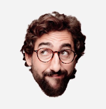 Genç deli adam kesme baş ifade izole sakallı. Hipster rol görünümü gözlüklü. Düşünme kavramı.