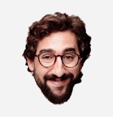 Genç deli adam kesme baş ifade izole sakallı. Hipster rol görünümü gözlüklü. Mutlu poz.