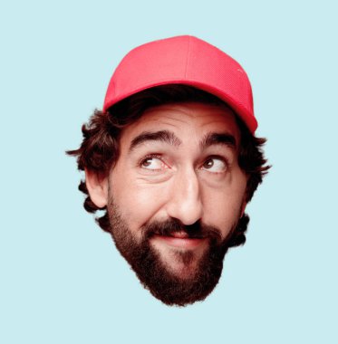 Genç deli adam kesme baş ifade izole sakallı. Teslimat kurye rolü. Düşünme kavramı.