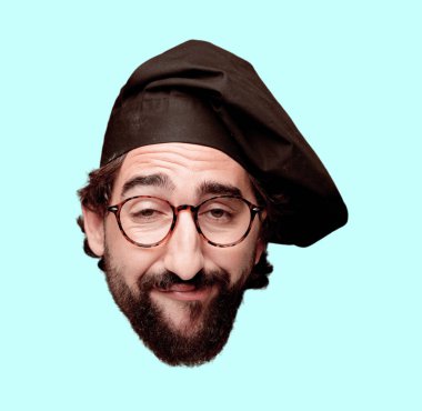 Genç deli adam kesme baş ifade izole sakallı. Şef rolü.