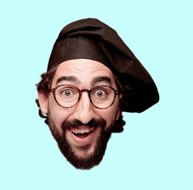 Genç deli adam kesme baş ifade izole sakallı. Şef rolü. Mutlu poz.