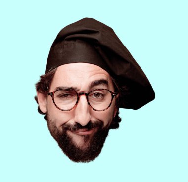 Genç deli adam kesme baş ifade izole sakallı. Şef rolü.