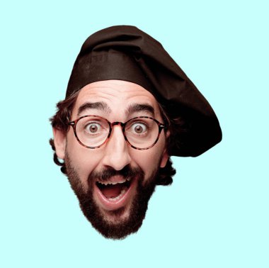 Genç deli adam kesme baş ifade izole sakallı. Şef rolü. Sürpriz kavramı.