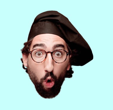 Genç deli adam kesme baş ifade izole sakallı. Şef rolü. Sürpriz kavramı.