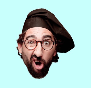 Genç deli adam kesme baş ifade izole sakallı. Şef rolü. Korkmuş kavramı.