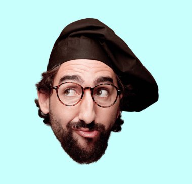 Genç deli adam kesme baş ifade izole sakallı. Şef rolü. Düşünme kavramı.