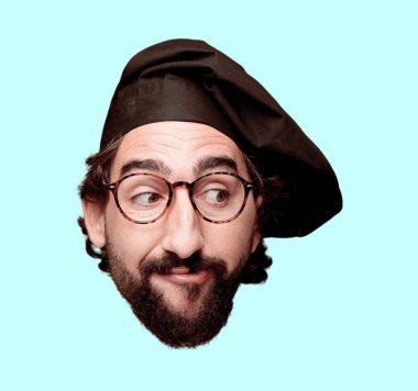 Genç deli adam kesme baş ifade izole sakallı. Şef rolü. Düşünme kavramı.