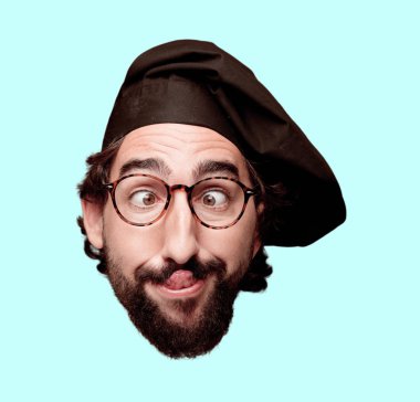 Genç deli adam kesme baş ifade izole sakallı. Şef rolü. Şaka kavram.