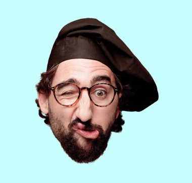 Genç deli adam kesme baş ifade izole sakallı. Şef rolü. Üzgün kavramı.