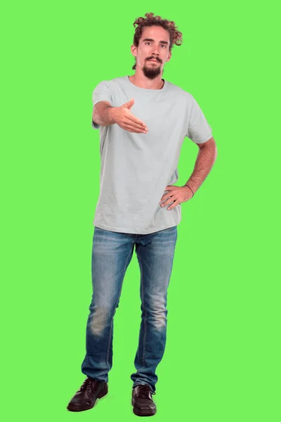 Young Bearded Man Full Body Gesturing Chroma Key Green Background — Stock Photo, Image